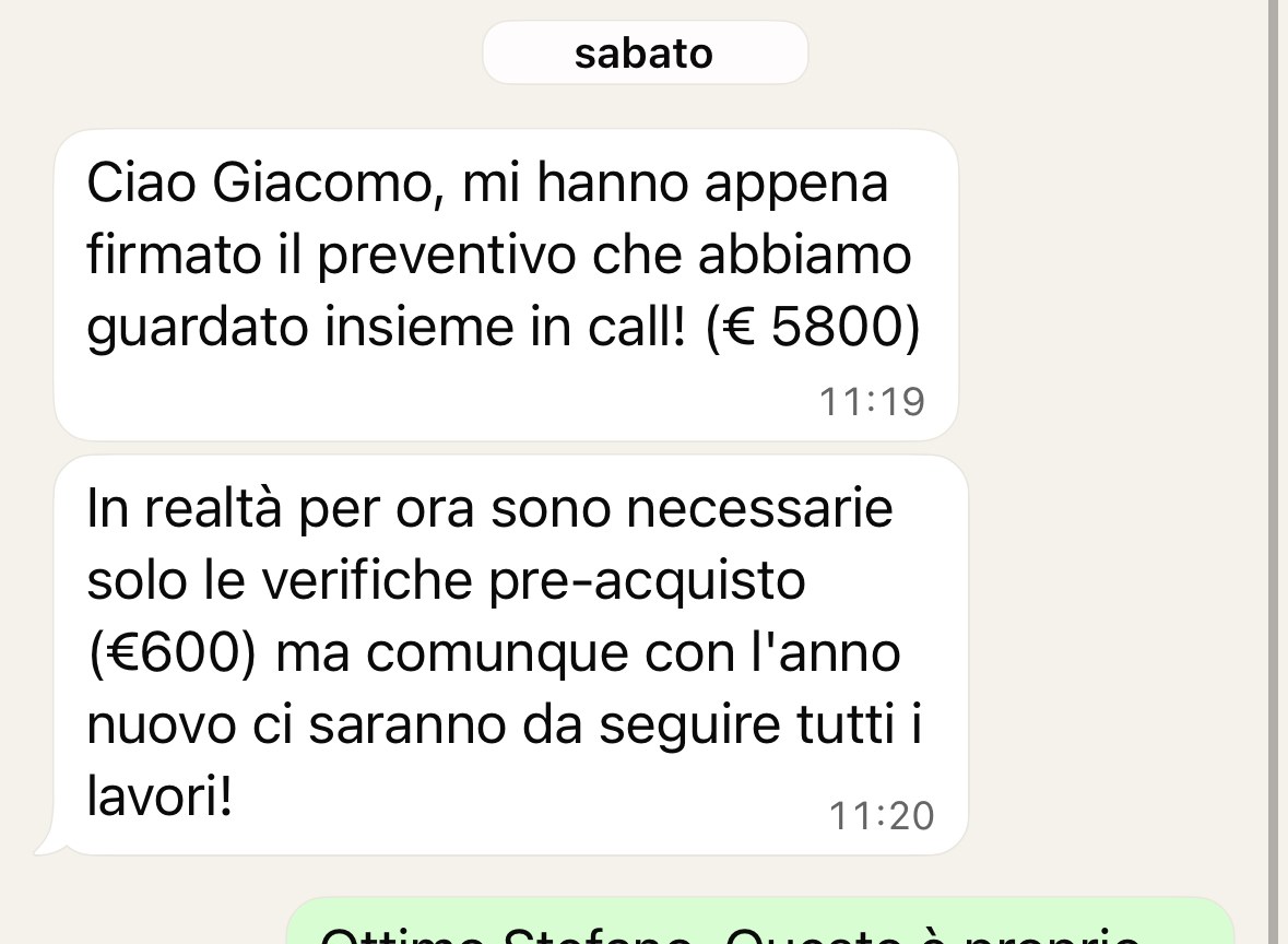 Screenshot WhatsApp: preventivo firmato 5.800€