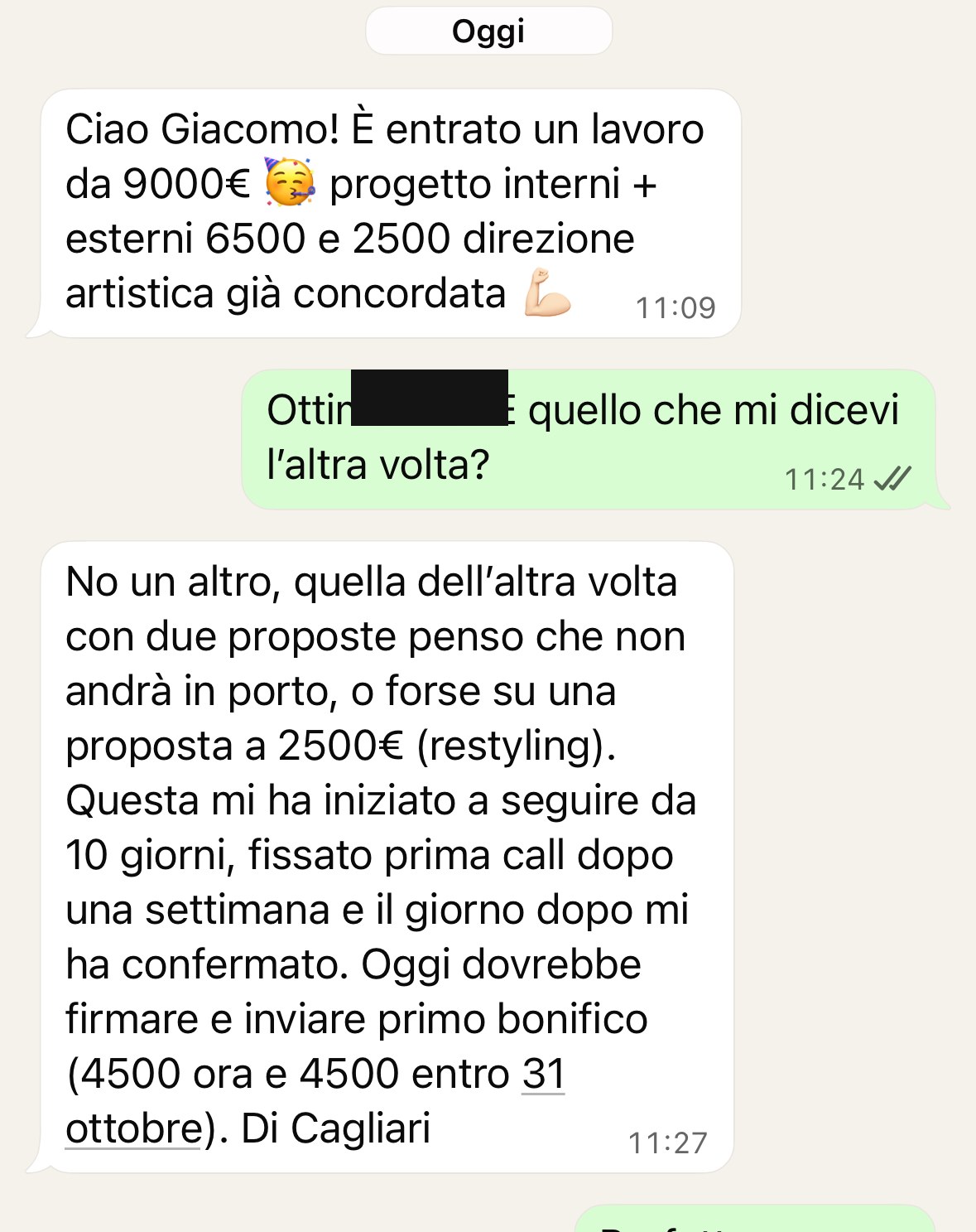 Screenshot WhatsApp: lavoro da 9.000€ chiuso in 10 giorni