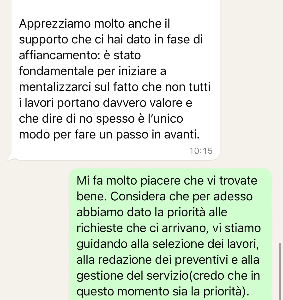 Screenshot WhatsApp: testimonianza qualitativa sull'affiancamento