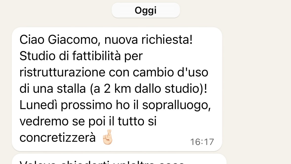 Screenshot WhatsApp: studio di fattibilità ristrutturazione