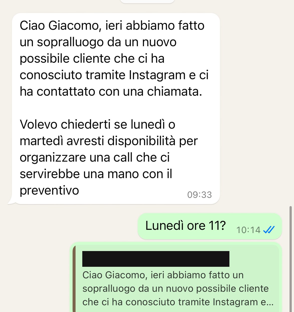 Screenshot WhatsApp: nuovo cliente conosciuto tramite Instagram
